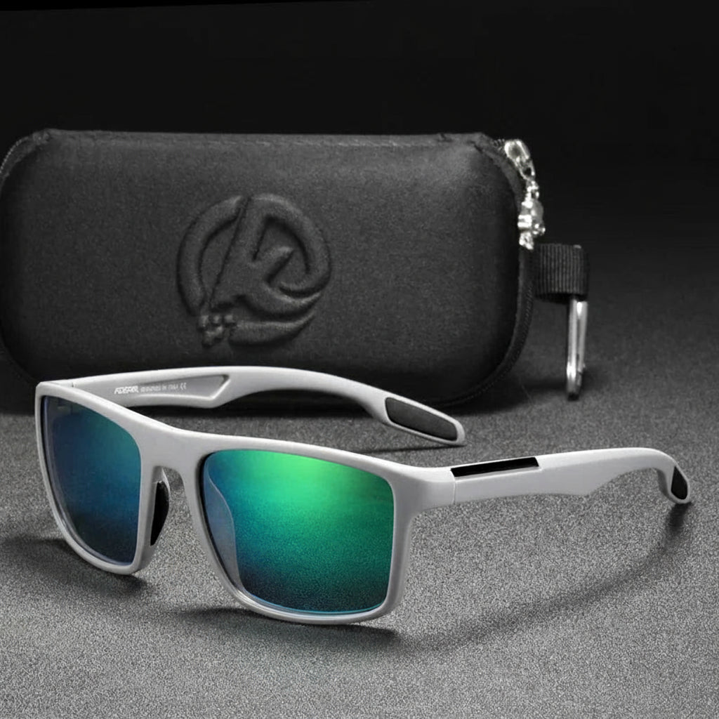 Sunglasses with green mirrored lenses and a black case on a dark background