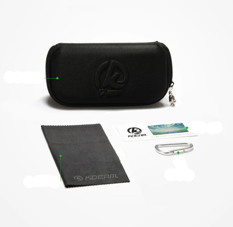 Black zipper case with cleaning cloth, test card, and carabiner on a white background