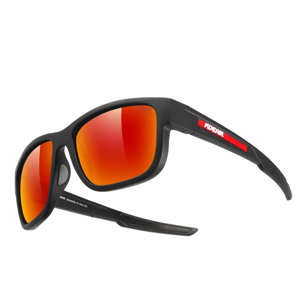 Sunglasses with red mirrored lenses and black frame on a white background