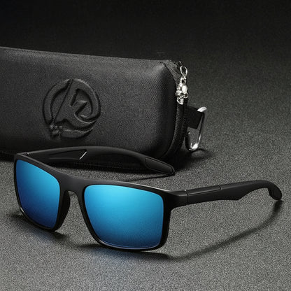 Black sunglasses with blue lenses and a black case on a dark surface