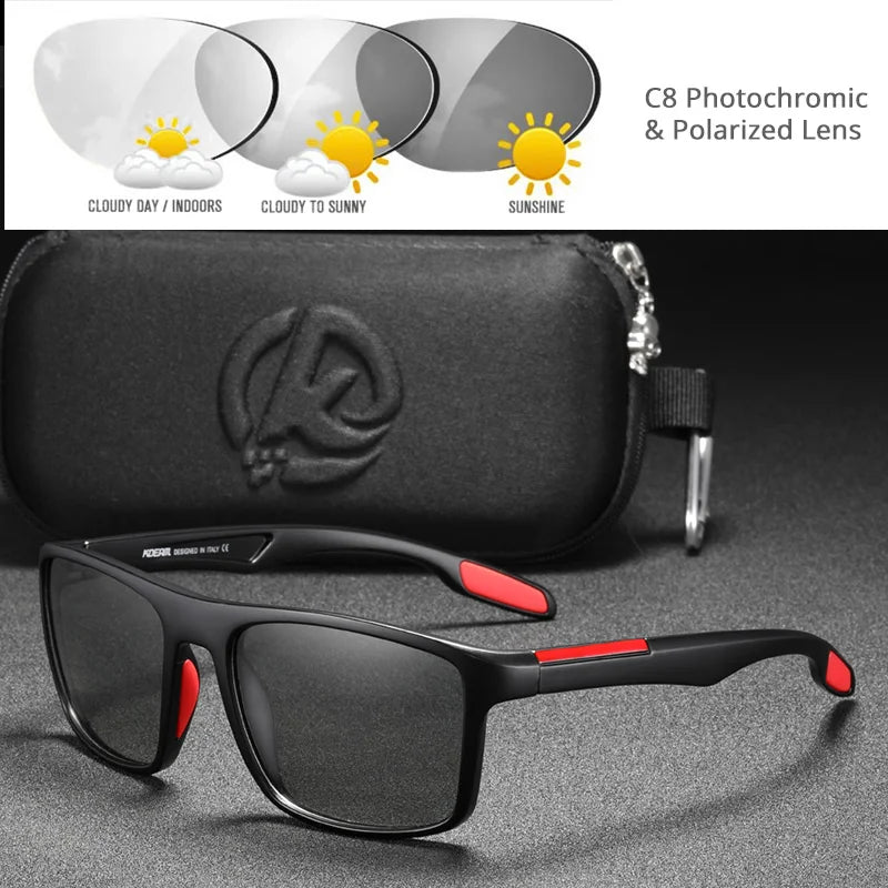 Sunglasses with photochromic and polarized lens features, black case, and red accents.