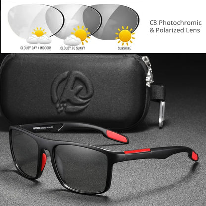 Sunglasses with photochromic and polarized lens features, black case, and red accents.