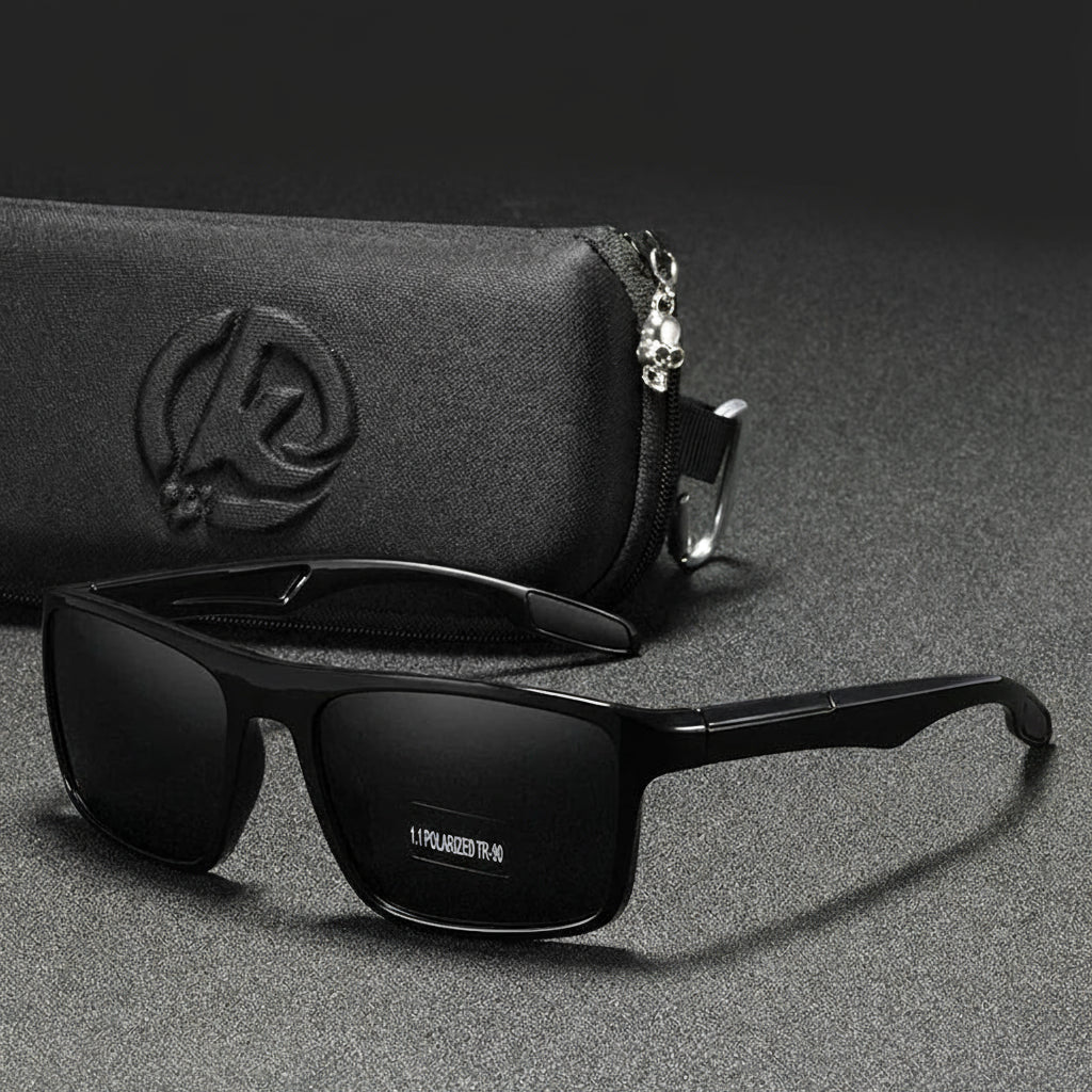 Black sunglasses with a dark gray background