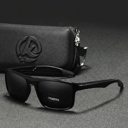 Black sunglasses with a dark gray background