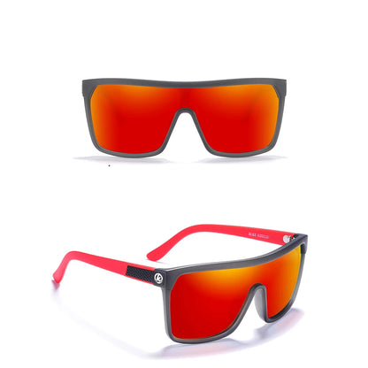 Sunglasses with translucent gray and red frame and mirror red lenses on a white background.