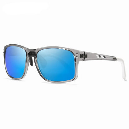Sunglasses with blue lenses and gray frame on a white background, featuring the KDEAM brand.