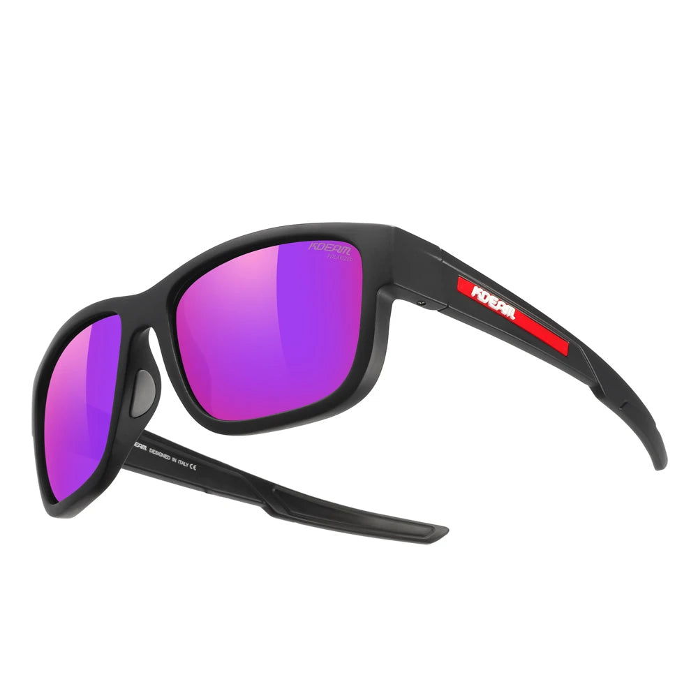 Sunglasses with black frame and purple lenses on a white background