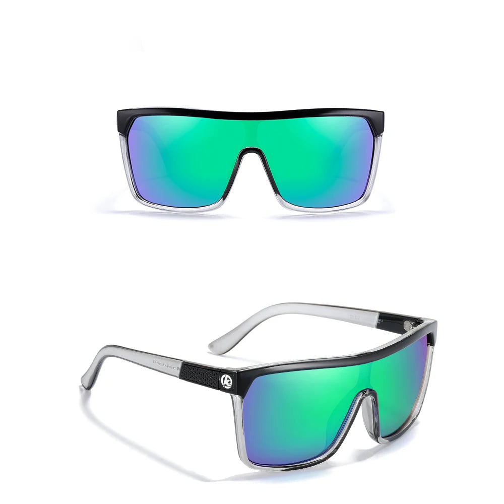 Sunglasses with transparent gray frame and mirror green lenses on a white background