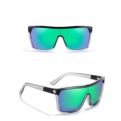 Sunglasses with transparent gray frame and mirror green lenses on a white background