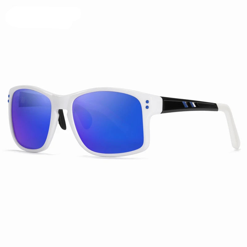 White sunglasses with blue lenses on a white background, featuring the KDEAM brand.