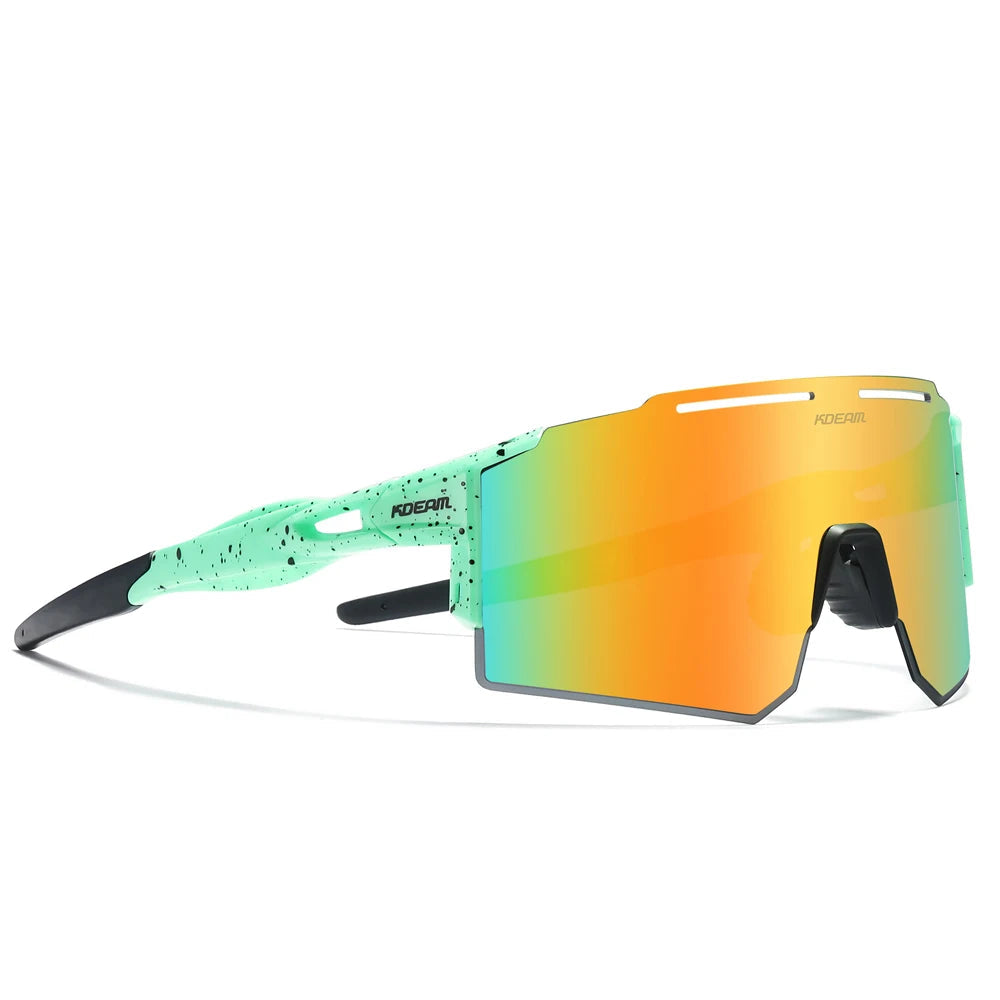 Sunglasses with green frame and orange mirrored lens on a white background