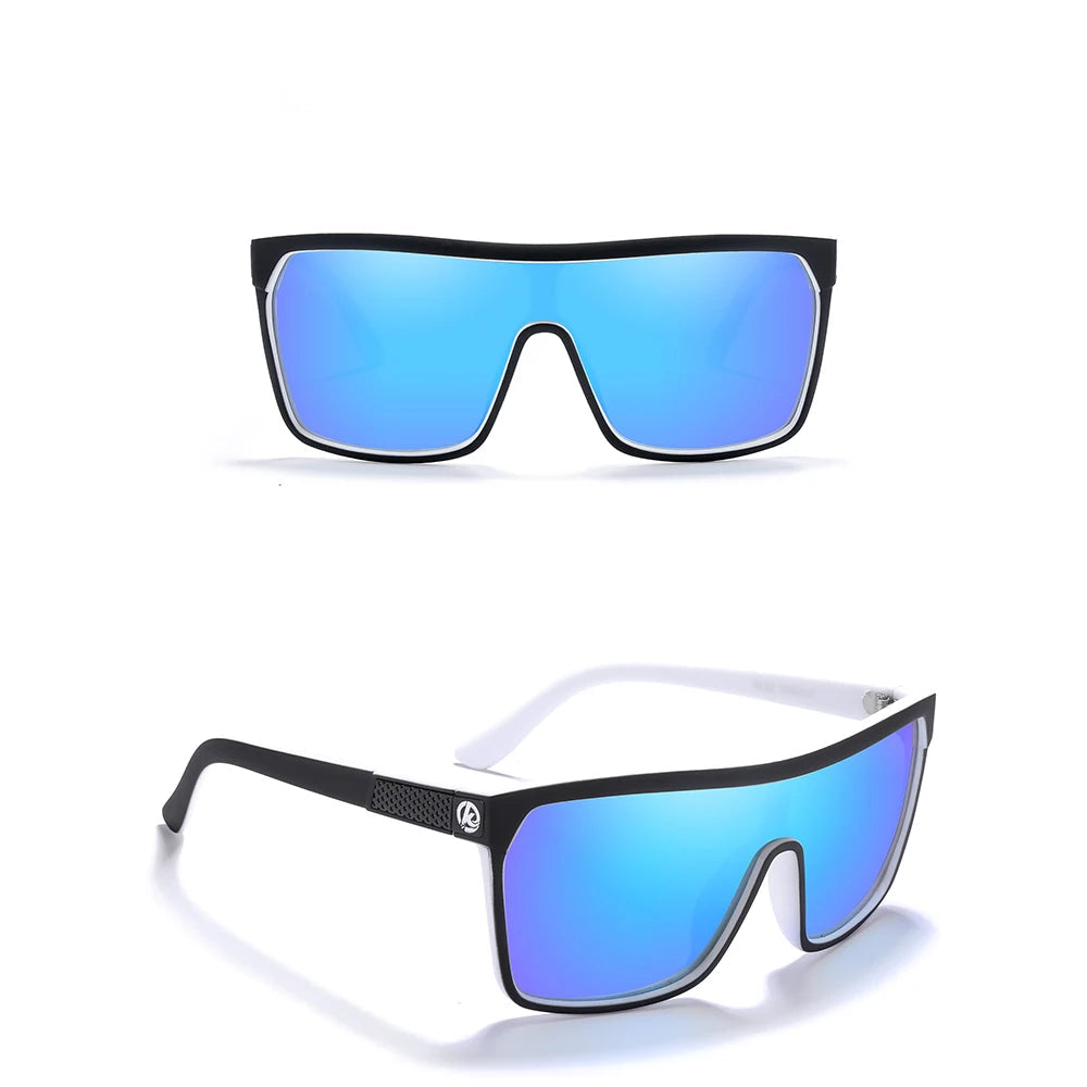 Sunglasses with blue mirrored lenses and black frames on a white background