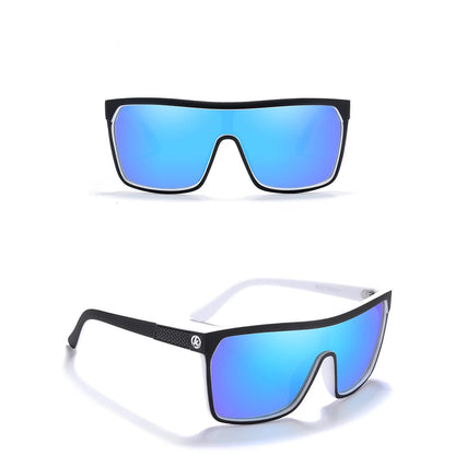 Sunglasses with blue mirrored lenses and black frames on a white background