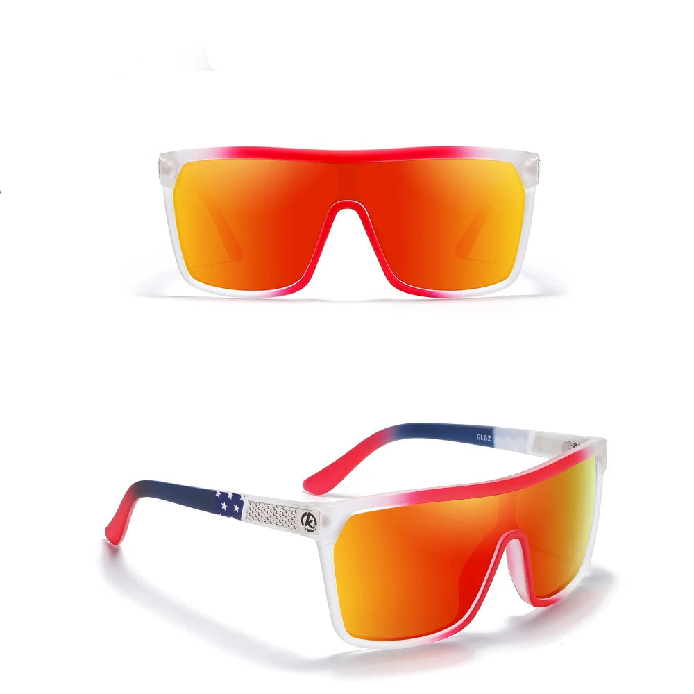 Sunglasses with a mixed color frame and red mirrored lenses on a white background.