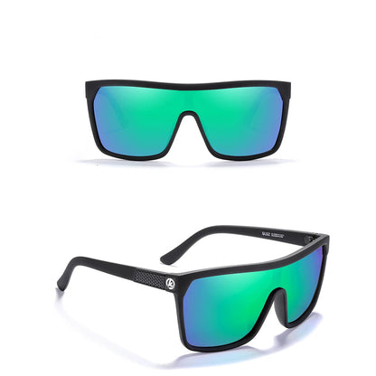 Sunglasses with black frame and mirror green lenses on a white background