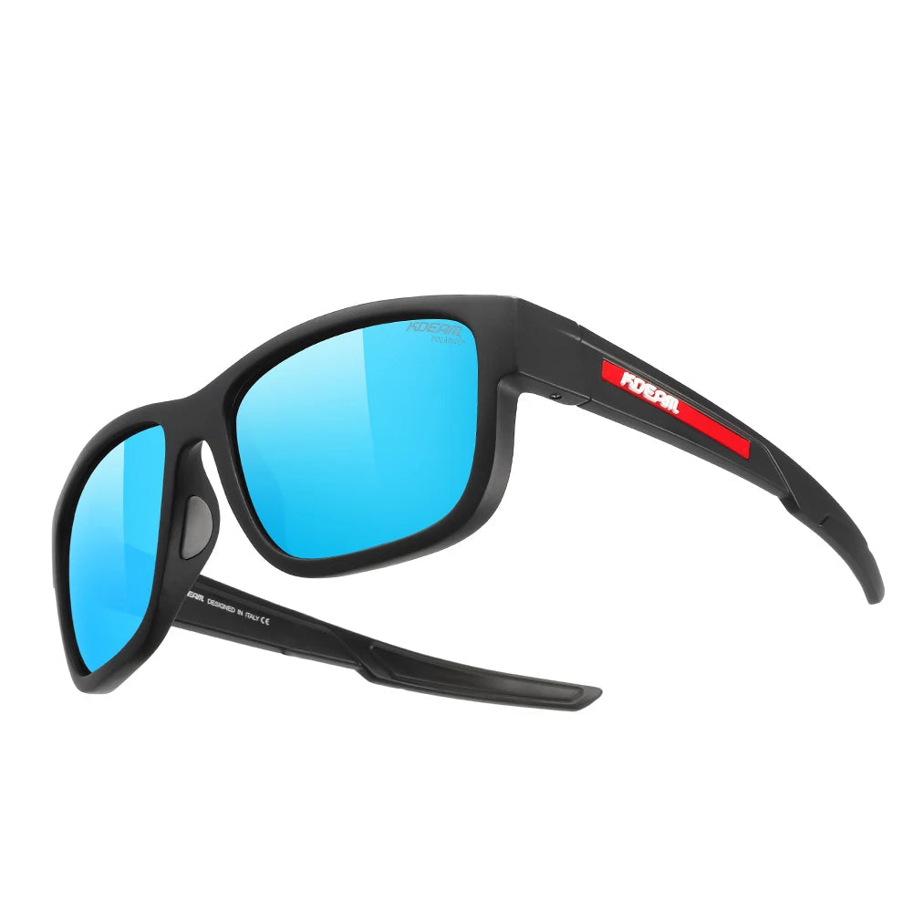 Sunglasses with black frame and blue lenses on a white background