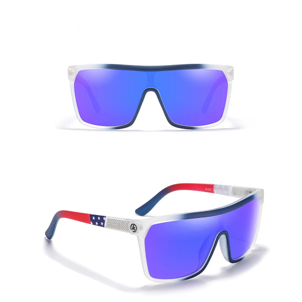 Sunglasses with a mix of colors and a mirrored blue lens on a white background.