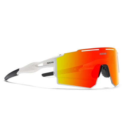 Sunglasses with orange mirrored lens and white frame on a white background