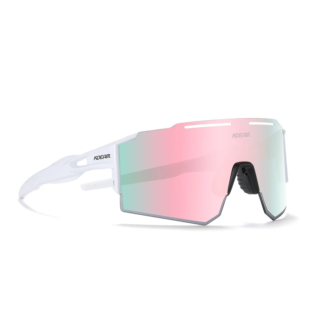 Sunglasses with pink mirror lens on a white background
