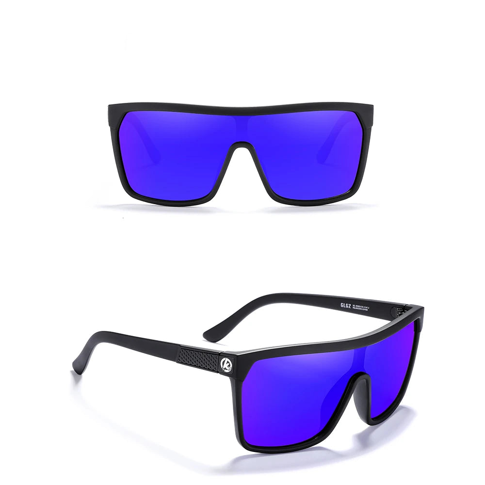 Sunglasses with black frame and mirror blue lenses on a white background
