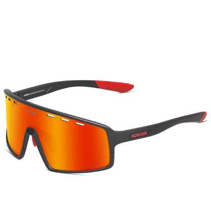 Sunglasses with orange lenses and black frame on a white background