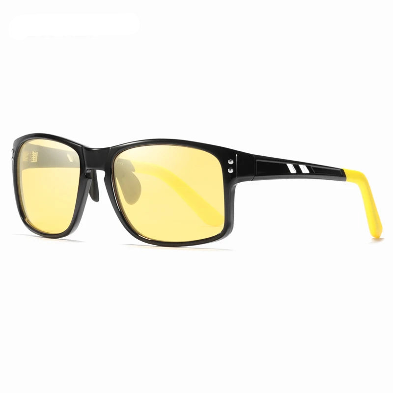 Sunglasses with yellow lenses and black frame on a white background, featuring the KDEAM brand.