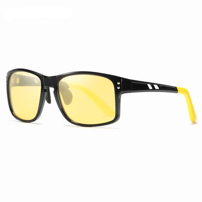 Sunglasses with yellow lenses and black frame on a white background, featuring the KDEAM brand.