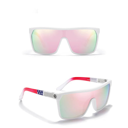 Sunglasses with a white frame and pink mirrored lenses on a white background.