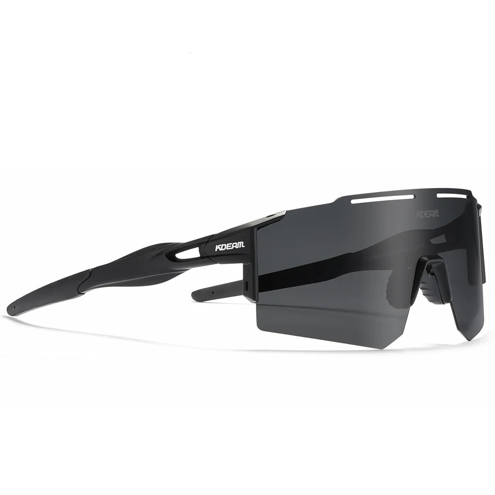 Black sunglasses with a brand logo on a white background