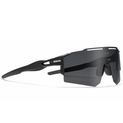 Black sunglasses with a brand logo on a white background