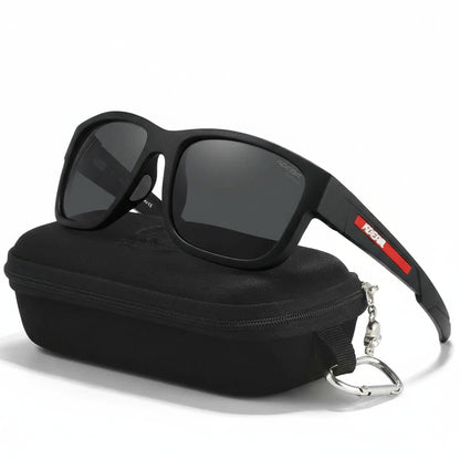 Black sunglasses with red accents on a black case, featuring the KDEAM brand.