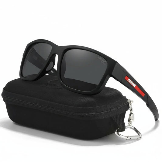 Black sunglasses with red accents on a black case, featuring the KDEAM brand.