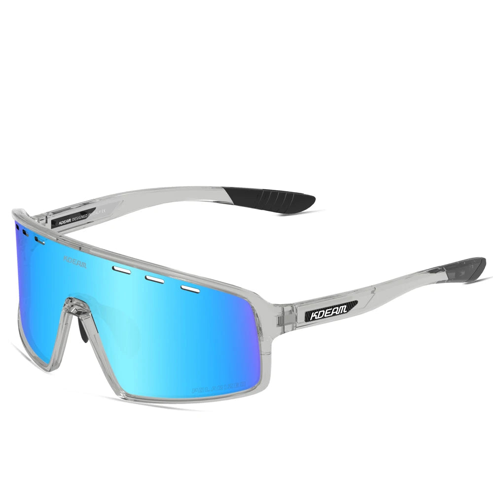 Sunglasses with blue mirrored lenses and silver frame on a white background