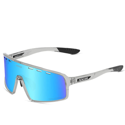 Sunglasses with blue mirrored lenses and silver frame on a white background