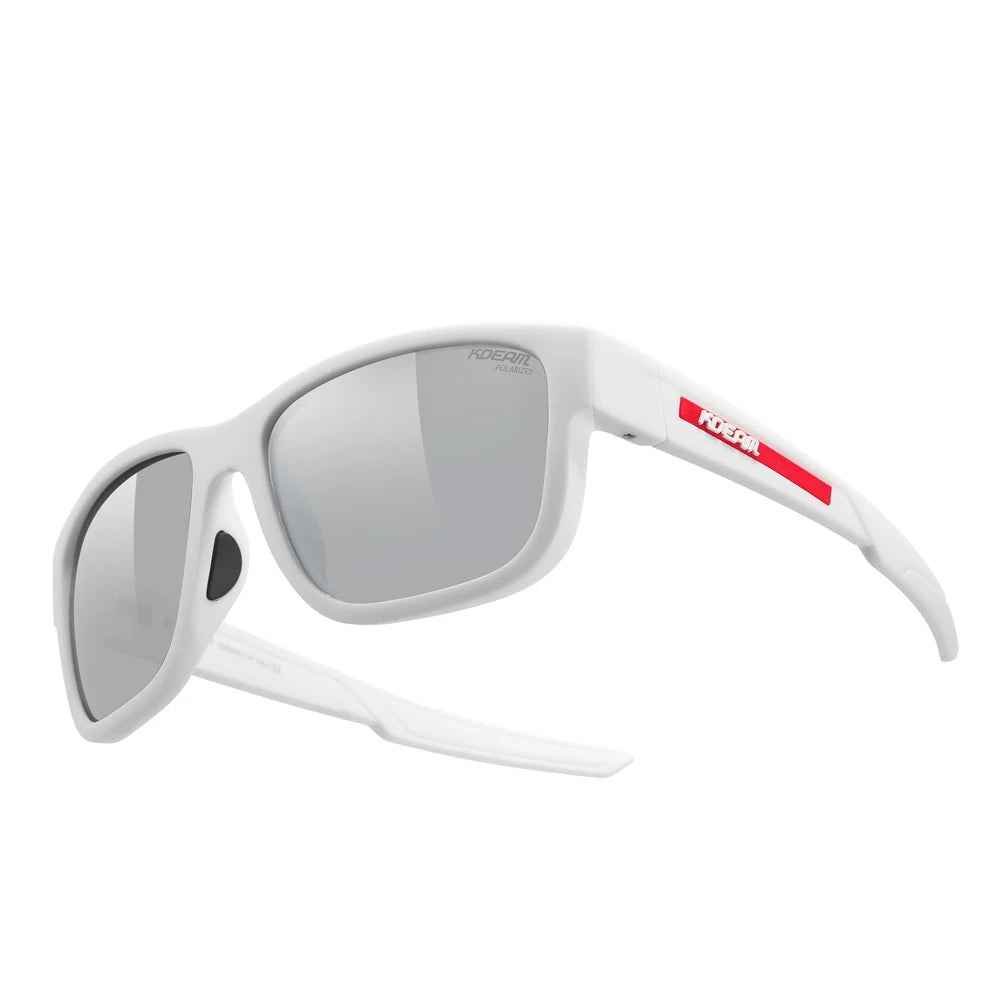 White sunglasses with mirrored smoky gray lenses on a white background