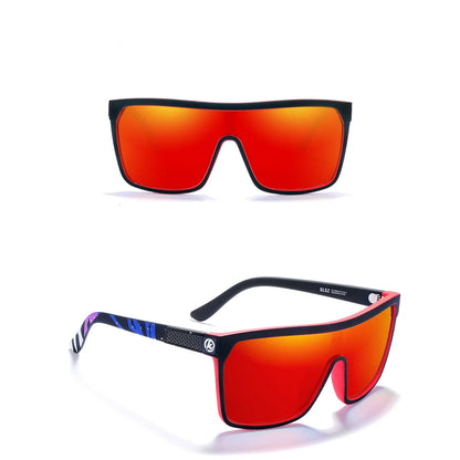 Sunglasses with red mirrored lenses and black frames on a white background