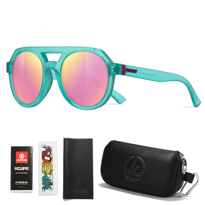 Teal sunglasses with pink mirrored lenses, case, and packaging on a white background