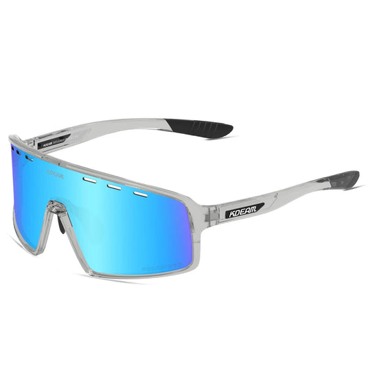 Sunglasses with blue reflective lenses and silver frame on a white background, featuring the KDEAM brand.