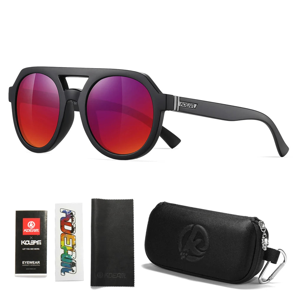 Sunglasses with gradient crimson/violet lenses, case, and cleaning cloth on a white background