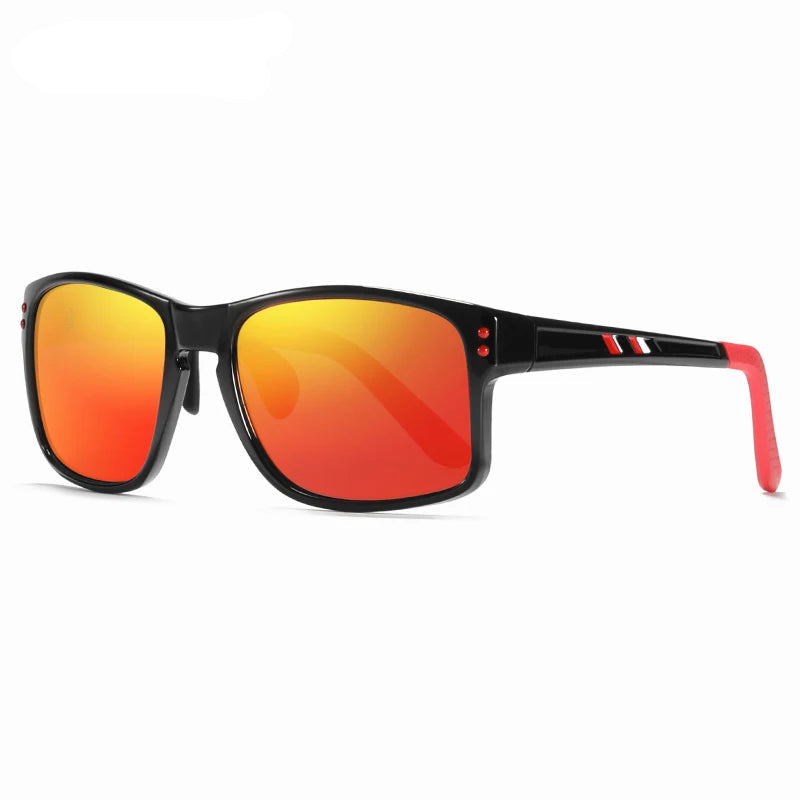 Sunglasses with red-orange lenses and black frame on a white background, featuring the KDEAM brand.