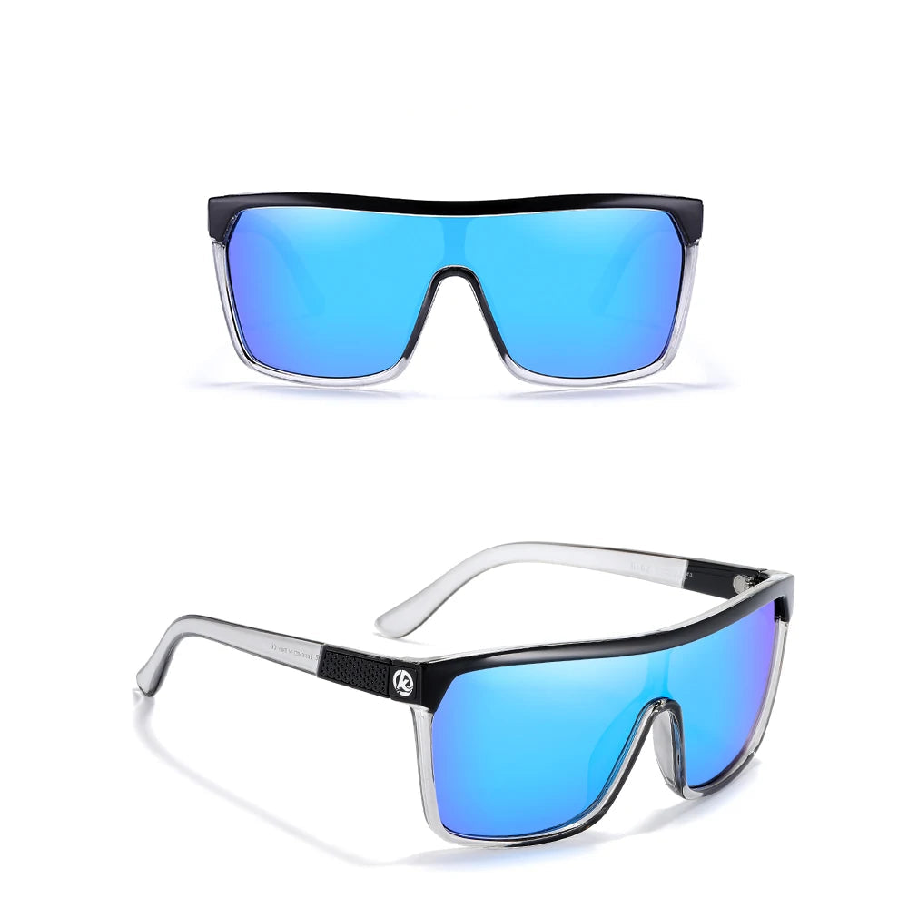 Sunglasses with transparent gray frame and mirror blue lenses on a white background