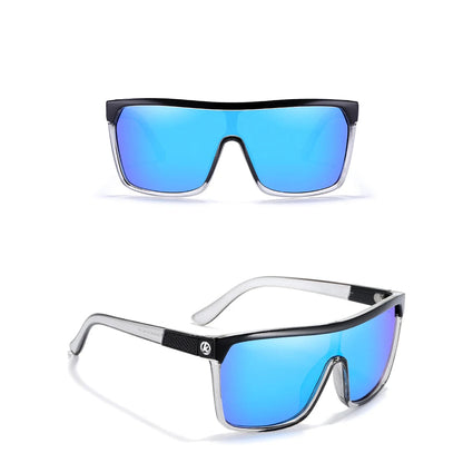 Sunglasses with transparent gray frame and mirror blue lenses on a white background