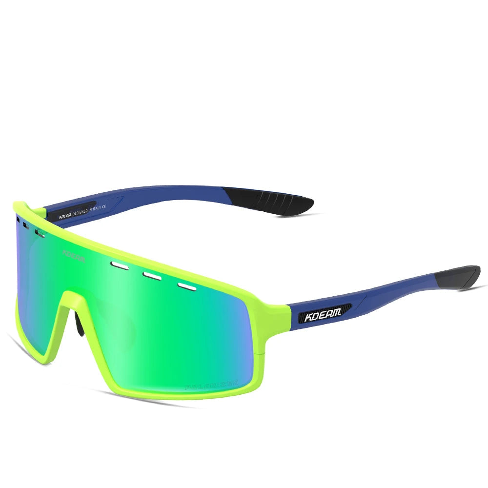 Sunglasses with green mirrored lenses and blue and black frame on a white background