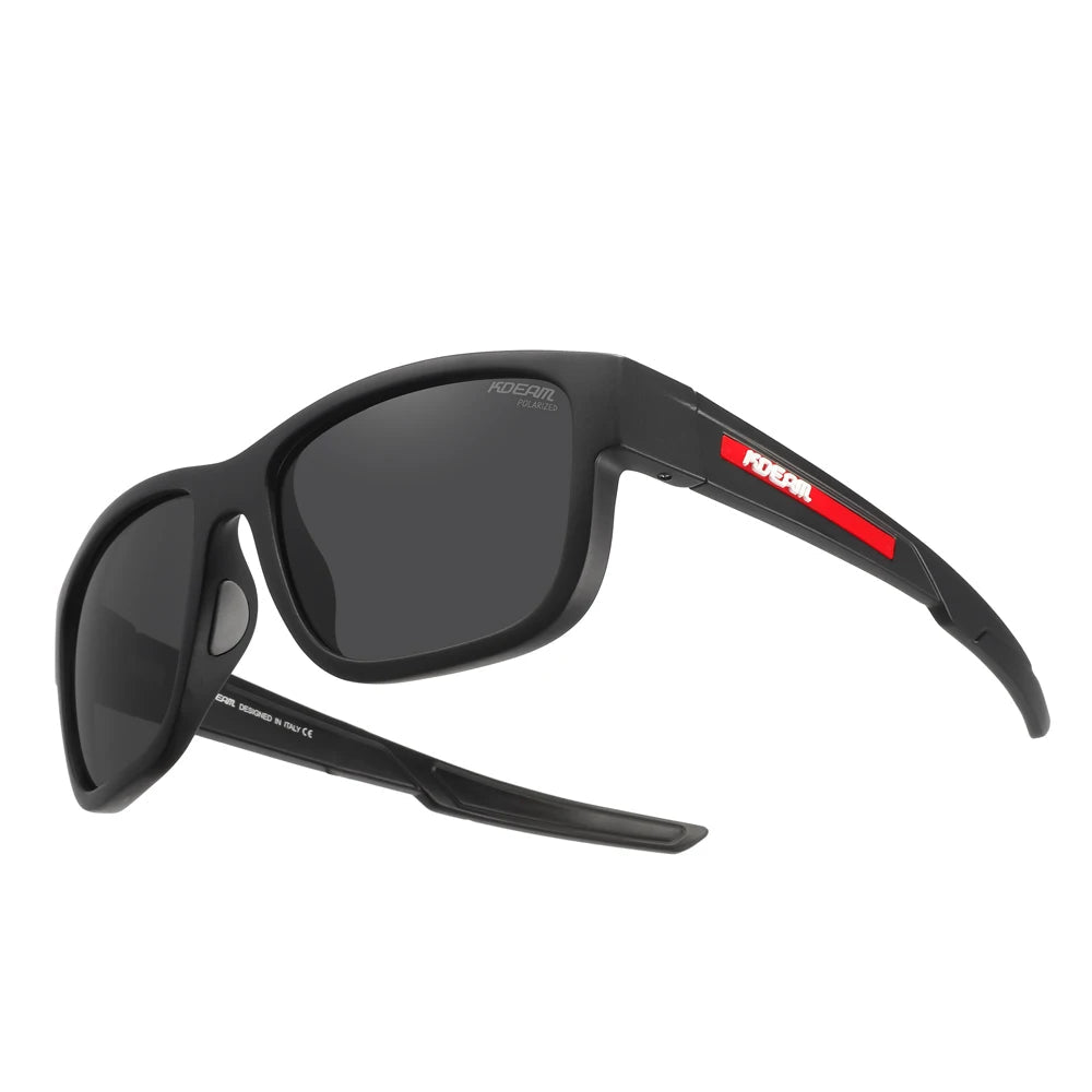 Black sunglasses with a red logo on a white background