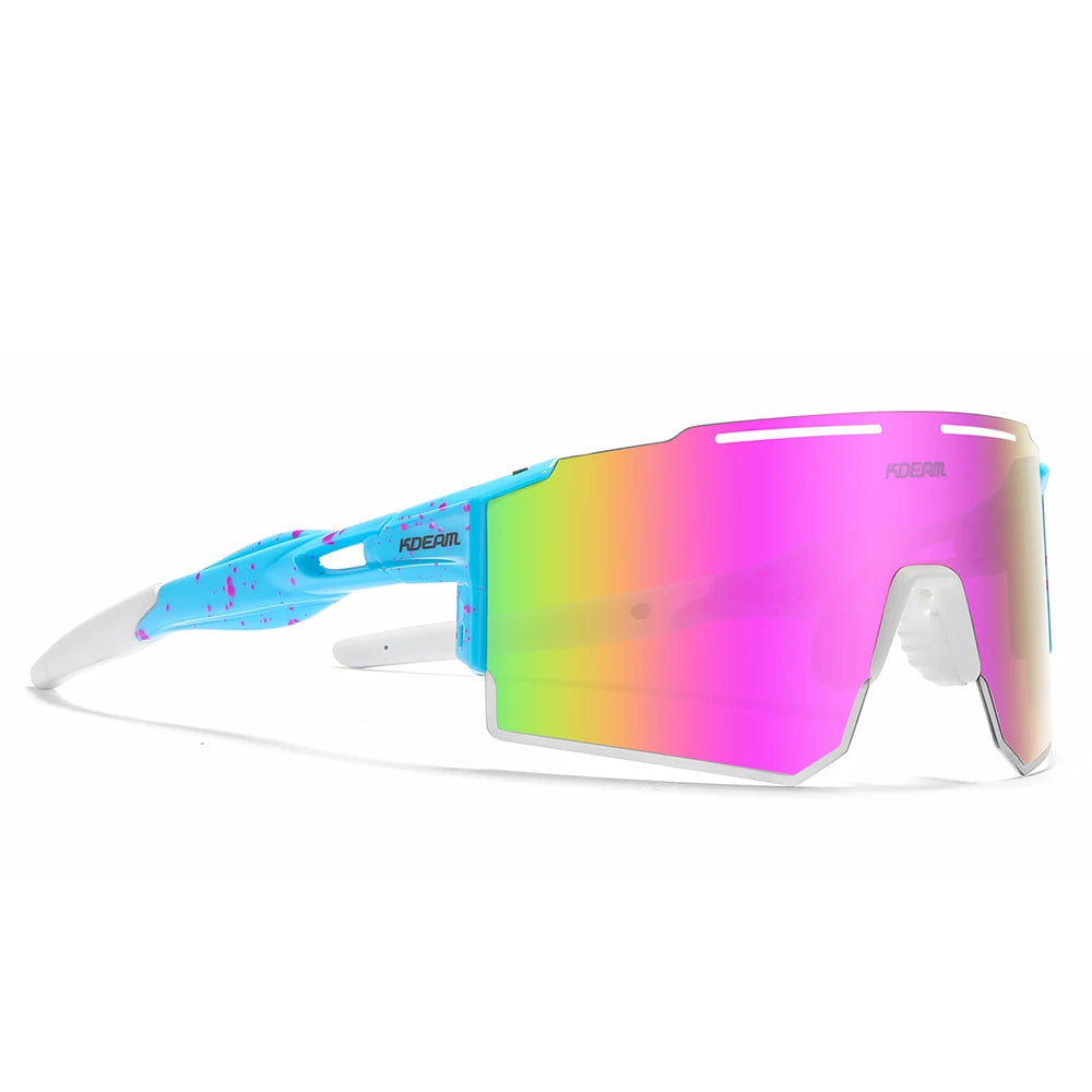 Sunglasses with a colorful lens on a white background