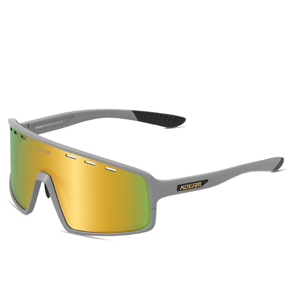 Sunglasses with yellow reflective lenses and gray frame on a white background
