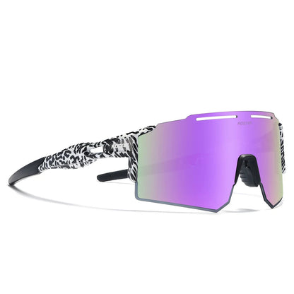 Sunglasses with purple mirrored lenses and a patterned frame on a white background