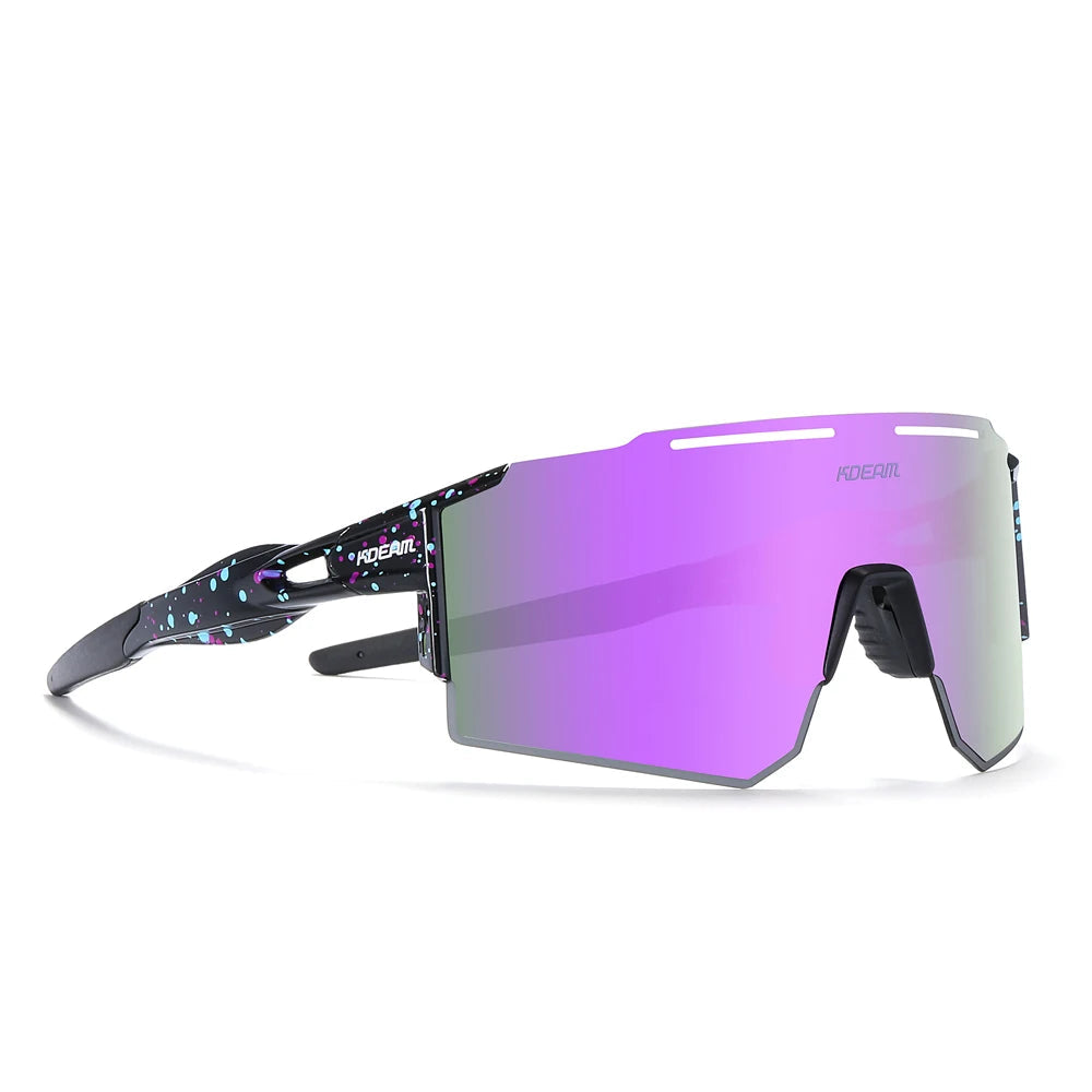 Sunglasses with purple mirror lens on a white background