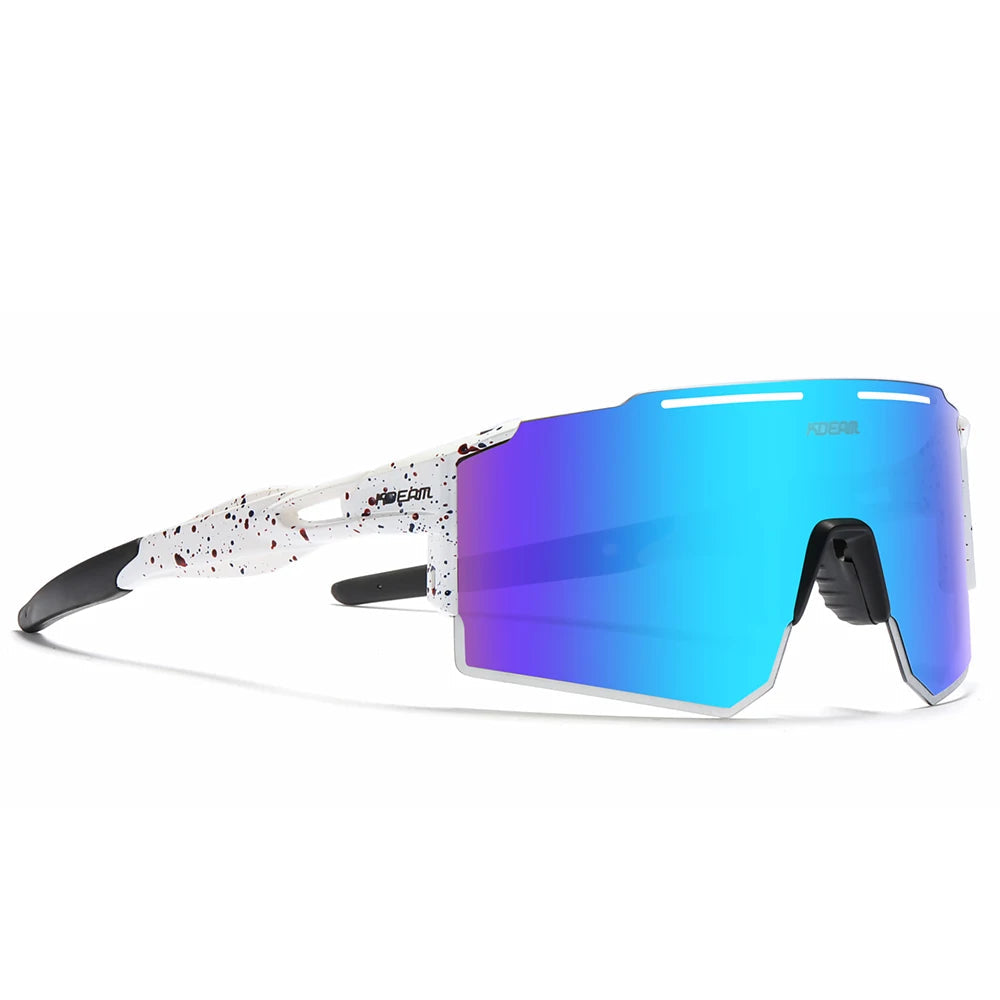 Sunglasses with blue mirrored lens on a white background