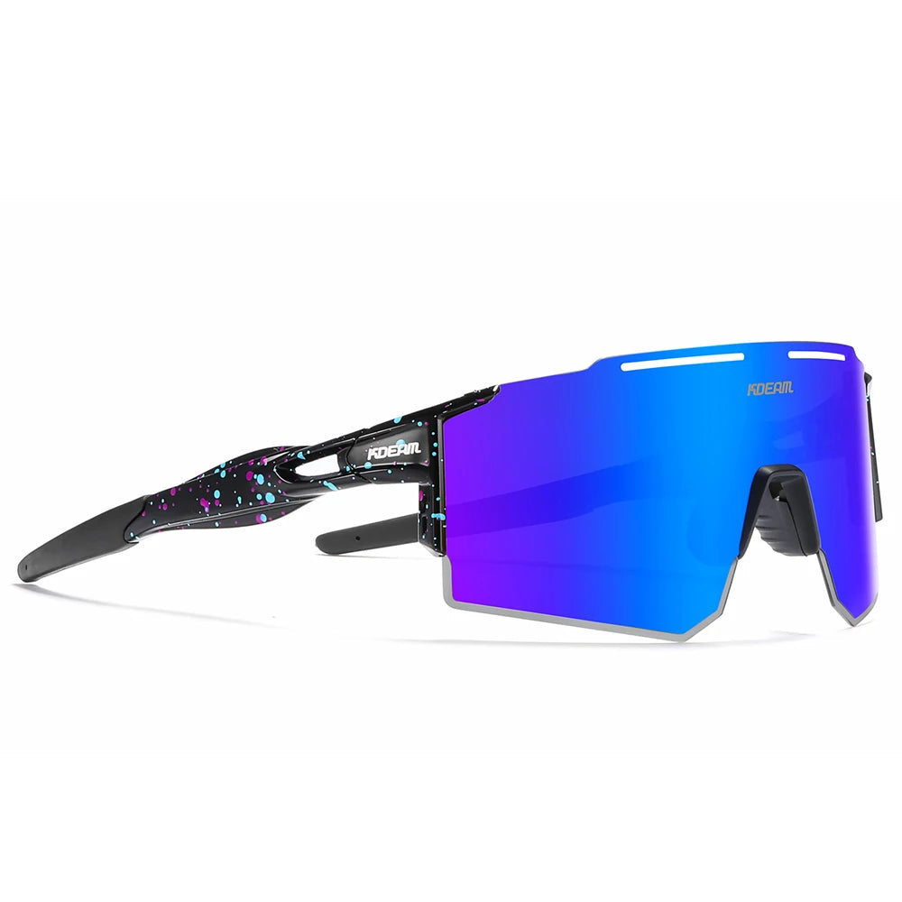 Sunglasses with blue mirrored lenses on a white background